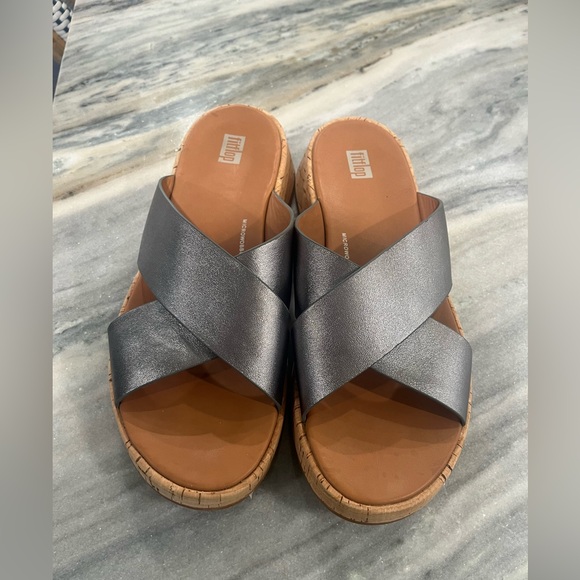 Fitflop F-Mode Cross Platform Cork Slide Sandals Metallic Pewter Leather Size 9 - Picture 1 of 5